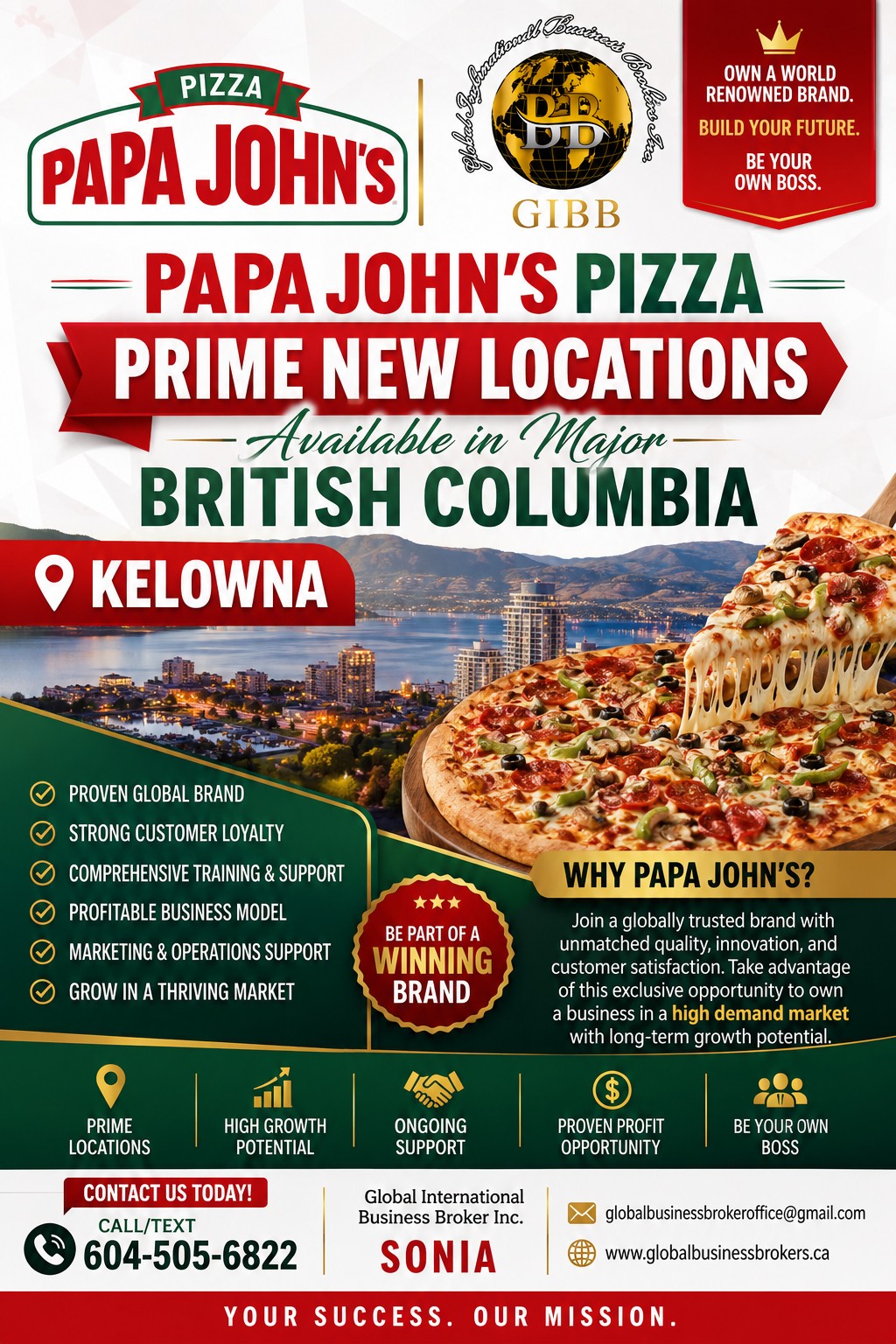 Papa John's Pizza Franchise Opportunity in Kelowna , BC